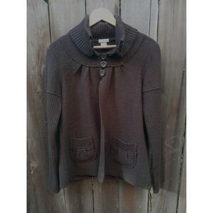 Women's Large Mythology Brown Wool Sweater Ribbed Collar Button Front Pockets